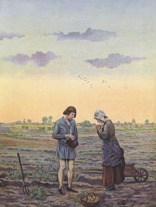 国王の命を受けて畑仕事の合間に祈りを捧げる農民たち（カラーリトグラフ 作： pseudonym for Onfray de Breville Jacques Job