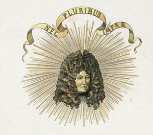 国王ルイ14世（1638-1715）の肖像とラテン語の標語「Nec pluribus impar」（他に似たものはない）。個人蔵。 作： pseudonym for Onfray de Breville Jacques Job