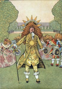 フランスの歴史をおもちゃで表現したシーン。フランス国王ルイ14世（1638-1715）の肖像は、ヴェルサイユ宮殿の庭園で太陽王が宮廷を引き連れて恭順の意を表したという。フランスの歴史をおもちゃで表現した「Joujoux a l