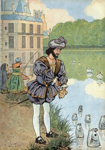 フランスの歴史をおもちゃで表現したシーン：フランス王フランソワ1世（1494-1547）がフォンテーヌブローの公園の魚にパンを与えるシーン。Joujoux a l