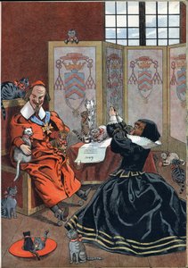 フランスの歴史をおもちゃで表現したシーン：猫に囲まれてリシュリュー枢機卿（1585-1642）に許しを乞う女性。Joujoux a l