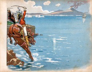 イギリス人は彼の国の海岸に乗り込み、海辺で馬に乗っていたナポリ王ヨアヒム・ムラット（1767-1815）は、イギリスのフリゲート艦を見て、馬を海に押し込んで突撃したという。ジャック・マリー・ガストン・オンフレー・ド・ブレヴィルの版画 作： pseudonym for Onfray de Breville Jacques Job