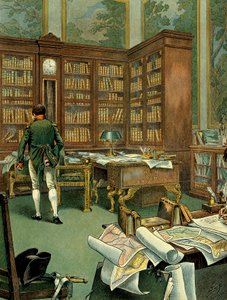 ナポレオン1世ボナパルト（1769-1821）が第一執政官だった頃、チュイルリー宮殿の1階にあった作業用キャビネット。木で作られた書斎と時計のある机。ジャック・マリー・ガストン・オンフレー・ド・ブレヴィル（JOB）（1858-1931）によるイラスト。プライベート・コー 作： pseudonym for Onfray de Breville Jacques Job