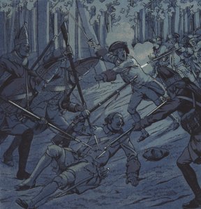 デュボア軍曹とシュヴァリエダサッサ、クロスターカンペンの戦い、1760年 作： pseudonym for Onfray de Breville Job