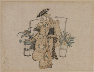 2 つのバケツの花を運ぶ美女 作： style of Torii Kiyomasu