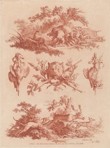 イノシシとスタッグを追いかける犬とのハンティングトロフィーとビネット 作： the Elder and Jean Baptiste Hüet Gilles Demarteau
