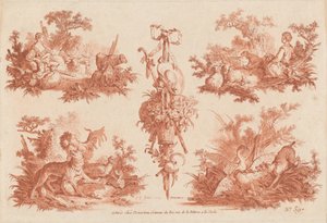 牧歌的なビネット 2 つ、狩猟のビネット 2 つ、トロフィー 1 つ 作： the Elder and Jean Baptiste Hüet Gilles Demarteau