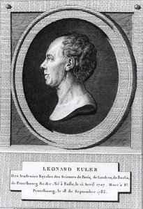 レオナルド・オイラー（1707-83）の肖像（彫刻）（白黒写真） 作： the Younger Dupin