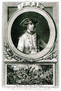 ルイの肖像、シュヴァリエダッサス（1733-1760）、1760年のクロステルキャンプでの彼の死（彫刻）（bw写真） 作： the Younger Dupin