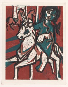 他の 2 頭の馬の前で馬に乗った女性 作： unknown (signed by artist)