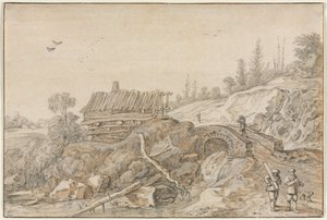 小川のそばに小屋のある丘陵の風景、1627年。