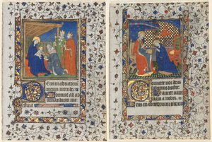 時間の書からのバイフォリオ: マギの崇拝と聖母の戴冠式 作： workshop of Boucicaut Master