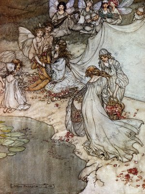 バラのネックレスを作るエルフたち。アーサー・ラッカム（1867-1939）によるウィリアム・シェイクスピア作「夏の夜の夢」の挿絵。