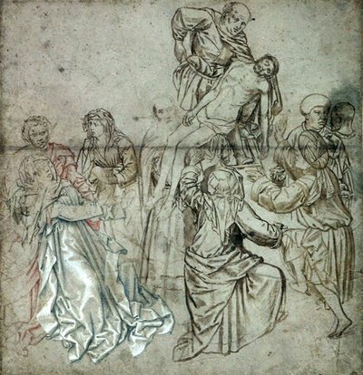 カンピンの失われた三連画の中央パネル、ヴランク・ファン・デル・ストック（1424-95）が描いたと思われる（紙にペンとチョーク）。 作： Master of Flémalle