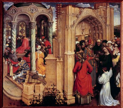 聖母の結婚」木画 フランドルの巨匠と呼ばれたロベール・カンパン（1375-1444）の作品 15世紀 日。0.77x0.88 m マドリッド、プラド美術館 - 「聖母の結婚フランドルの巨匠と呼ばれたロベール・カンパン（1375-144）の木版画 作： Master of Flémalle