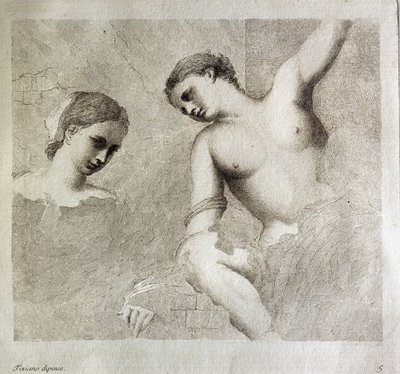 女性の文字。左下に「Tiziano Dipinse」。ジョルジョーネとして知られるジョルジョ・ダ・カステルフランコのエングレーヴィング（1476/1478-1510）フィレンツェ美術史研究所蔵 作： (1476/8 1510) Giorgione