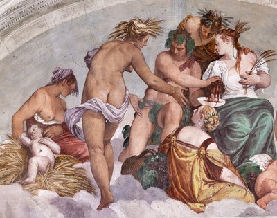 夏と秋のアレゴリー（バッカスとセレス）、北壁、庭への扉の上のルネット、オリンパスのホール 作： Veronese