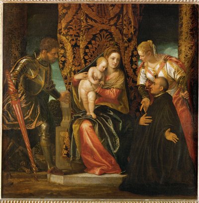聖ジョージと聖ジュスティーヌの間の聖マリアとイエス、ひざまずくベネディクト修道士... 作： (1528-88) Veronese
