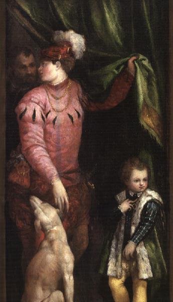 優雅に着飾った少年とグレイハウンドを連れた青年 作： Veronese