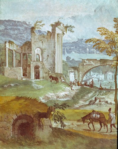 バッカスの部屋の風景。パオロ・ヴェロネーゼ（1528-1588）と呼ばれるパオロ・カリアリの絵画、1561年頃。フレスコ・マザー（トレヴィソ）、ヴィラ・バルバロ、バッカスの部屋 作： Veronese