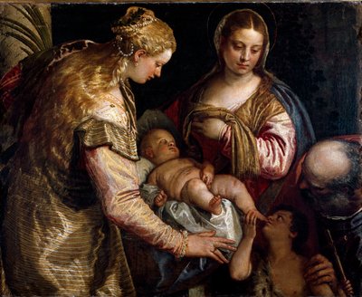 聖家族と聖バルベと洗礼者聖ヨハネ。パオロ・ヴェロネーゼ（1528-1588）と呼ばれるパオロ・カリアリの絵画、1562年頃。キャンバスに油彩。寸法：86x122cm。フィレンツェ、ウフィツィ美術館（Galleria degli Uffizi 作： Veronese