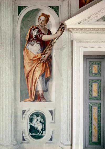 トランペット奏者です。パオロ・ヴェロネーゼ（1528-1588）と呼ばれるパオロ・カリアリの絵画、1561年頃。フレスコ。マザー（トレヴィーゾ）、ヴィラ・バルバロ 作： Veronese