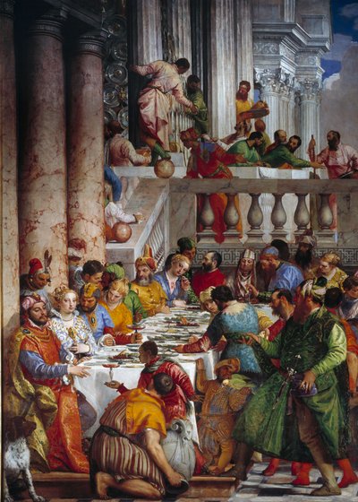 カナの婚礼、詳細。王子たちの食事。パオロ・ヴェロネーゼ（1528-1588）によるフレスコ画 Ec.Fri. 作： Veronese