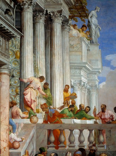 カナの婚礼、詳細：柱とバルコニー。パオロ・ヴェロネーゼ（1528-1588）のフレスコ画 Ec.Fri. 作： Veronese