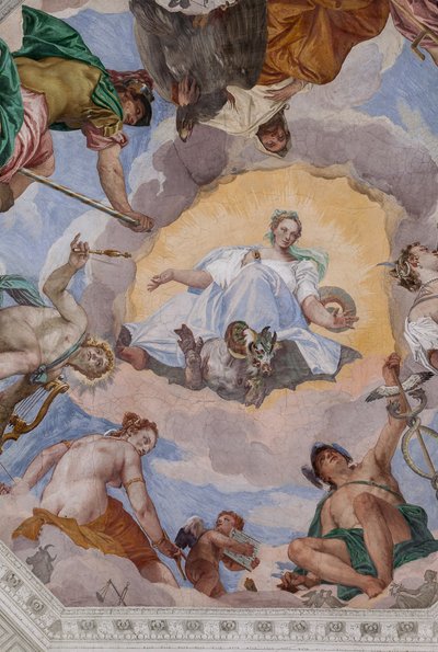 神々に囲まれた普遍的な調和: ワシを持つゼウス、火星、竪琴を持つアポロ、ヴィーナス、カドゥケウスを持つマーキュリー、犬を持つダイアナ、そしてオリンパスのホールの中央の八角形である土星 作： Veronese