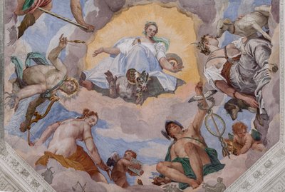 神々に囲まれた普遍的な調和: ワシを持つゼウス、火星、竪琴を持つアポロ、ヴィーナス、カドゥケウスを持つマーキュリー、犬を持つダイアナ、そしてオリンパスのホールの中央の八角形である土星 作： Veronese