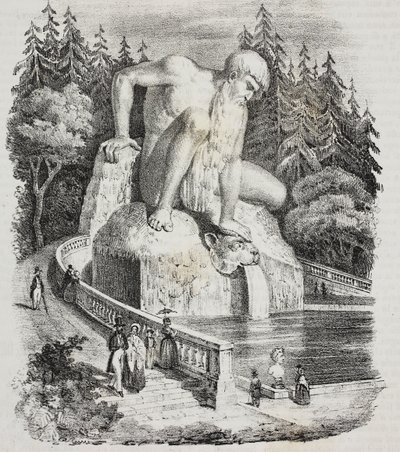 イタリア、トスカーナ州VagliaのVilla Demidoff（PratolinoのVilla Medicea）の公園にあるアペニン山脈の巨像（ジャンボローニャ作）、Giovanni Marianiによるリトグラフ（Poliorama Pittoresco, n 10, 10月15日より 作： Giambologna