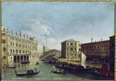 グランデ運河とリアルトの眺め、左にテデスキの池（油彩・キャンバス 作： Canaletto