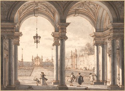 "View through a Baroque Colonnade into a Garden" Antonio Canaletto (1697-1768) によるペン画 1760-1768 Dim 33,1x45,4 cm Albertina, Vienna 作： Canaletto