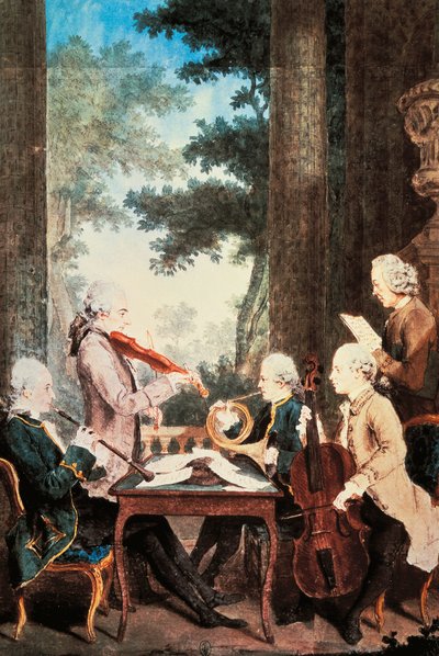 オーボエ、ヴァイオリン、ホルン、チェロによるコンサート、ルイ・ド・カルモンテル（1717-1806）作、水彩画。フランス 作： Carmontelle
