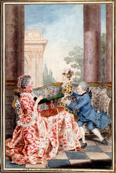 農家の将軍の妻である愛らしいカゼ夫人とその子供たち ルイ・カロギス（1717-1806）dit Carmontelleによる水彩画。18世紀 日0,32x0,21 m シャンティ、コンデ美術館 作： Carmontelle