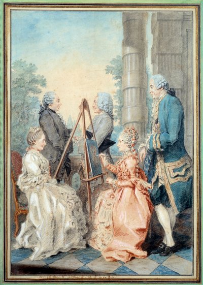 シャトラン夫人と夫人、ブロート氏とドゥ・ラ・マイル氏。ルイ・カロギス・カルモンテル（1717-1806）による水彩画 作： Carmontelle