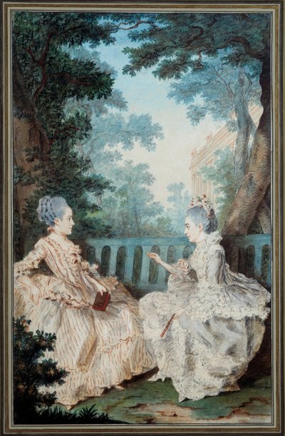 ブレジェ夫人とカシーヌ夫人 ルイ・カロギス（カーモンテル）（1717-1806）の水彩画 18世紀パリ、カルナヴァレ美術館 作： Carmontelle