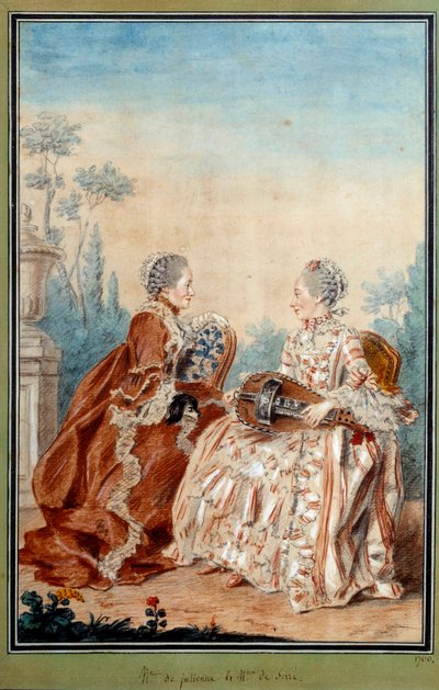 水彩画の音楽をするジュリエンヌ夫人とセール夫人 ルイ・カロギス・ディ・カルモンテル（1717-1806）の作品 18世紀パリ、カルナヴァレ美術館 作： Carmontelle
