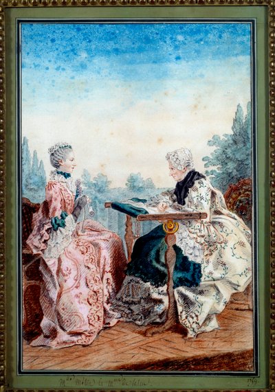 メラン嬢とラルー嬢が水彩画を描くタペストリー ルイ・カロギス（カルモンテル）（1717-1806）1759年作パリ、カルナヴァレ美術館 作： Carmontelle