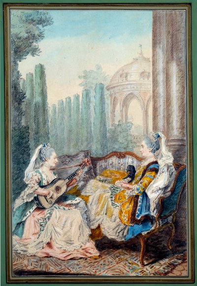 水彩画をする二人の少女 ルイ・カルロギス・ディ・カルモンテル（1717-1806）の水彩画音楽 18世紀パリ、カルナヴァレ美術館 作： Carmontelle