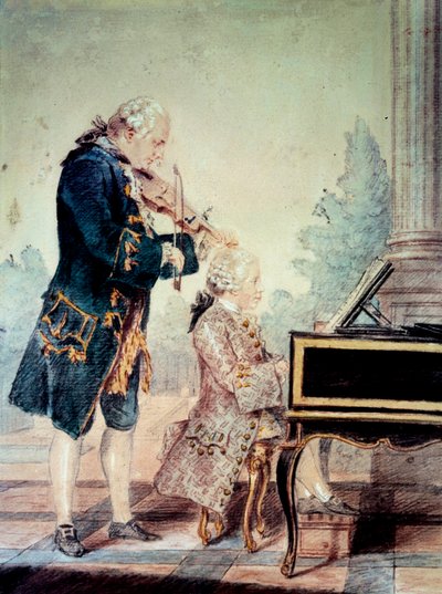 ヴォルフガング・アマデウス・モーツァルト（1756-1791）父レオポルドとピアノを弾く子供」 ルイ・カロジス・カルモンテル（1717-1806）による水彩画 1777年 パリ、カルナヴァレ美術館蔵 作： Carmontelle