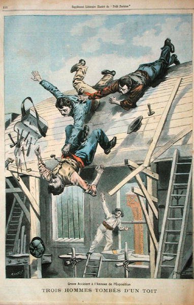 屋根から落ちる三人の男（「Le Petit Parisian」より） Fortune-Louis Meaulle（1844-1901）が1900年4月8日に彫ったもの（カラーリトグラフ）。 作： (after) Carrey