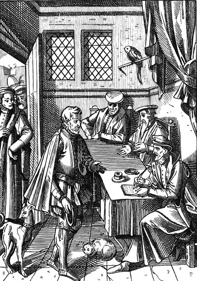 ベイルリアージュ（王の廷吏の法廷）、アントワープで出版されたJoos de Damhouder (1507-81)の「Praxis Rerum Civilium」の木版画による。 作： (after) Dutch School