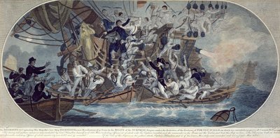 1799 年 10 月 25 日、陛下の亡き船、ハーマイオニー (現在のレトリビューション) の乗船と拿捕、ロフによる彫刻 (カラー エッチング) 作： (after) Elms
