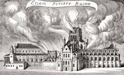 1666年の火災で焼失したイギリス・ロンドンの旧セントポール大聖堂（1925年発行の「A First Book of British History」より）（リトグラフ版 作： (after) English School
