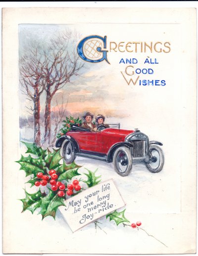 赤い車とヒイラギを描いたクリスマスカードの原画（1951年頃 作： (after) English School