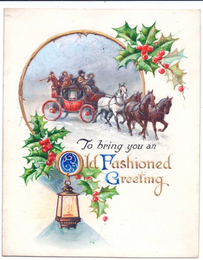 1952年頃、駅馬車、ランタン、ヒイラギを描いたクリスマスカードの原画 作： (after) English School