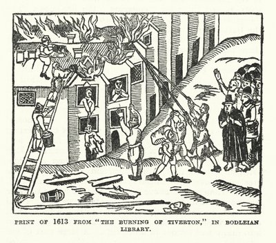 1613年、ボドリアン図書館所蔵の「The Burning of Tiverton」の版画（リトグラフ）。 作： (after) English School
