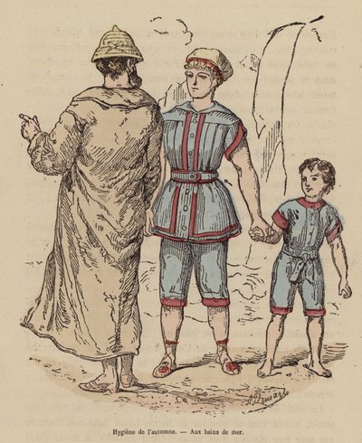 秋の海辺の家族（カラー版画） 作： (after) French School