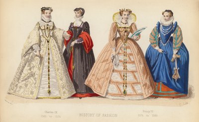 フランスのファッション：シャルル9世 1560年から1574年、アンリ3世 1574年から1589年（カラー版画） 作： (after) French School
